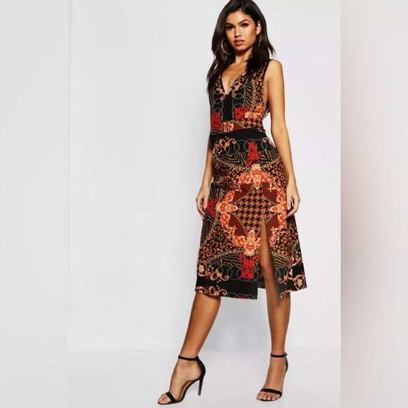 NWT BOOHOO Chain Print Buckle Pinafore Midi Dress size 12 - Picture 1 of 12